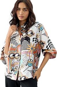 Official Minion Mania Women and Girls Long Sleeve Collared Neck Button Front Regular Fit Polyester Satin Shirts