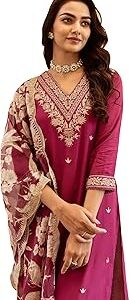 Women's Rayon Viscose Rayon Embroidered Straight Kurta & Salwar With Dupatta Set