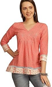 Women's Pure Cotton Bandhani Printed Short Top (JOPLJPR778-P_Peach_P)