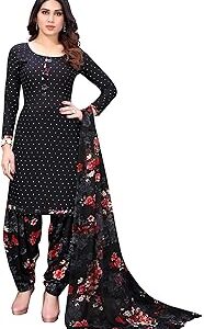 Women's Women's Crepe Printed Patiyala Salwar Suit Dress Material Suit (DM Black Rose_Black Rose_Unstitched)