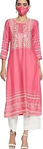 Women Pink Rayon Straight Kurta Pants Set