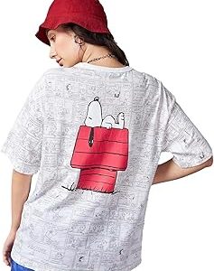 Air 1.0 Official Peanuts Merchandise Snoopy Women's 100% Cotton Oversized Fit Round Neck T-Shirt