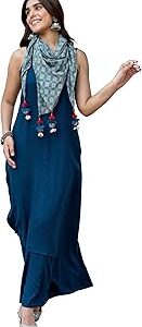 Women's Teal Blue Rayon Solid Kurta with Palazzo and Scarf