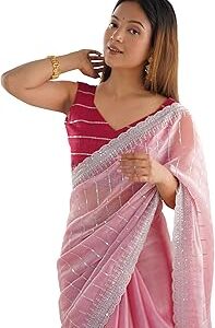 Women's Shimmer Chiffon Sequence Embroidery Saree With Unstitched Blouse Piece for Wedding and Parties