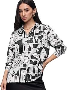 Official Mickey Mouse: Checkered Charm Women and Girls Long Sleeve Collared Neck All Over Print Button Front Regular Fit Shirts