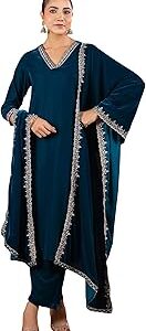 Women's Velvet Zari Embroidered Straight Kurta Set