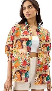 Indian Retro Women and Girls Long Sleeve Collared Neck Button Down Multicolor All Over Printed Boyfriend Shirts