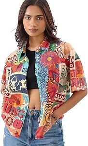 Official Jungle Book: Indie Vibe Women and Girls Short Sleeve Collared Neck Buttoned Front Oversized Fit Cotton Summer Shirts