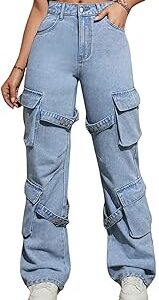 Fashion Blue Women Cargo Jeans | High Waist Stretchable Wide Leg Loose Fit Denim| Boyfriend Cargo Jeans for Women(WJ-1225)
