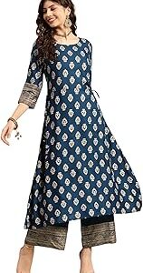 Navy Rayon Printed A-line Kurta with Palazzo | Kurta Set for Women