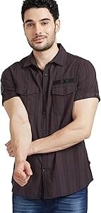 Men Dark Grey Cotton Slim Fit Half Sleeve Denim Shirt