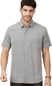 Men's Blended Linen Blue Solid Contemporary Fit Half Sleeve Casual Shirt