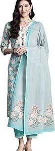 Women's Blue Pure Cotton Printed Straight Kurta & Pant With Dupatta Set (KH0BL5510)