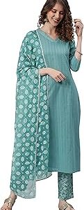 Women's Turquoise Cotton Kurta With Pant And Dupatta