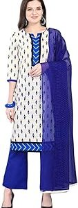 Women's Pure Cotton Unstitched Dress Material (ARMB-390004_Beige & Blue_Free Size)