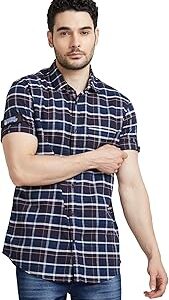 Men Navy Blue Cotton Regular Slim Fit Half Sleeve Checkered Shirt