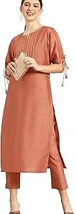 Women's Peach Poly Silk Embellished Kurta with Pant