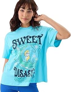 Disney: Sweet Disaster Womens Oversized Fit Graphic Printed Half Sleeve Cotton Blue Women Oversized T-Shirts