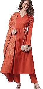 Women's Orange Cotton Kurta With Pant And Dupatta