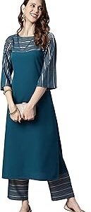 Women's Teal Poly Crepe Striped Kurta with Palazzo