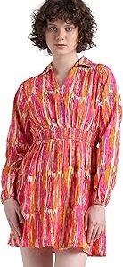 Abstract Printed Smocked Shirt Collar Fit & Flare Mini Dress