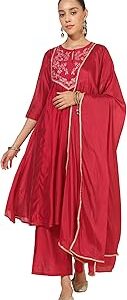 Women's Red Chanderi Embellished Kurta with Palazzo and Dupatta