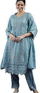 Women's Straight Embroidered Kurta & Pant with Dupatta Set (KH9BL7813)