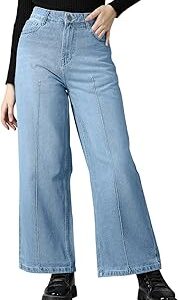 Women?s Light Blue High-Rise Wide-Leg Denim Jeans with Pintuck Detailing ? Casual Relaxed Fit