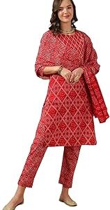 Cotton Printed Straight Kurta with Pant and Dupatta | Kurta Set for Women