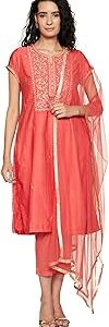 Women Coral Art Silk Straight Kurta Slim Pants Suit Set
