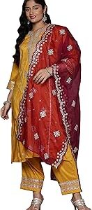 Women's Silk Blend Embroidered Straight Kurta Pant With Dupatta Set (PS9KH7248)