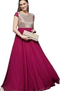 Women's Pink & Golden Round Neck Cap Sleeve Embellished Fit & Flare Maxi Dress