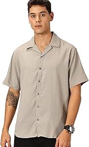 Men's | Solid | Textured Fabric | Half Sleeve | Regular Fit | Cotton Blend | Camp Collar | Casual Shirt