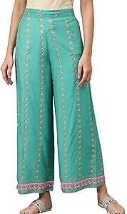 Women Green Rayon Printed Parallel Regular Pants