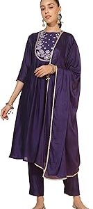 Women's Purple Chanderi Yoke Embroidery A-Line Kurta Set