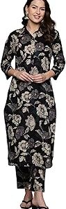 Women's Printed Pure Cotton Calf Length A-Line Kurta With Pant Set