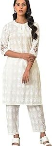 White Floral Print Cotton Co-Ord Kurta Set With Slim Pant For Women