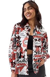 Official Snow White Women and Girls Ballon Sleeve Collared Neck Button Front Multicolor All Over Print Regular Fit Polyester Satin Shirts