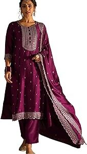 Women's Embroidered Silk Blend Calf Length Straight Kurta & Pant with Dupatta Set (KH9WN6195)