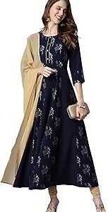 Women's Navy Blue Poly Crepe Kurta With Dupatta