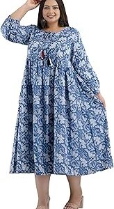 Women Cotton Blue Gathered Gown | Formal Wear Plus Size Gown | Plus Size Gown | Ultra Plus Size Gown| Occasion Wear Gown | CH107