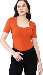 Women's & Girl's Solid Knitted Square Neck Regular Fit T-Shirts Short Sleeve Tops (T-Shirt 106)