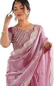 Women's Organza Sequence Embroidery Scollped Border Saree With Unstitched Blouse Piece