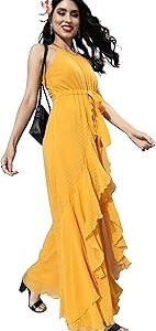 Women's Mustard-Yellow Halter Neck Sleeveless Solid Ruffled Regular Jumpsuit