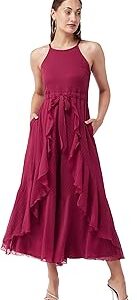 Women's Maroon Halter Neck Sleeveless Solid Ruffled Regular Jumpsuit