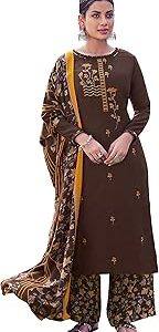 Women's Pure wool pashmina self printed embroidered unstitched salwar suit material with print pashmina shawl dupatta for winter wear (Printed Salwar/Palazzo)