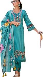 Women's Pure Cotton Embroidered Straight Kurta Pant With Dupatta Set