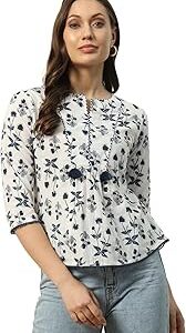 Women's White Cotton Top with Lace Detail and Printed Pattern