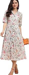 Kritanjya Western Dress || Cotton Solid Button Front Shirt Dress for Women || Roll Tab Sleeve & Collared Neck Flared Dress || Office || Summer Short Dresses for Women