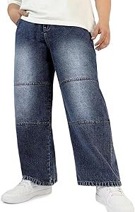 Men's Loose Baggy Fit Cut and Sew Panelled Jeans Non-Stretchable